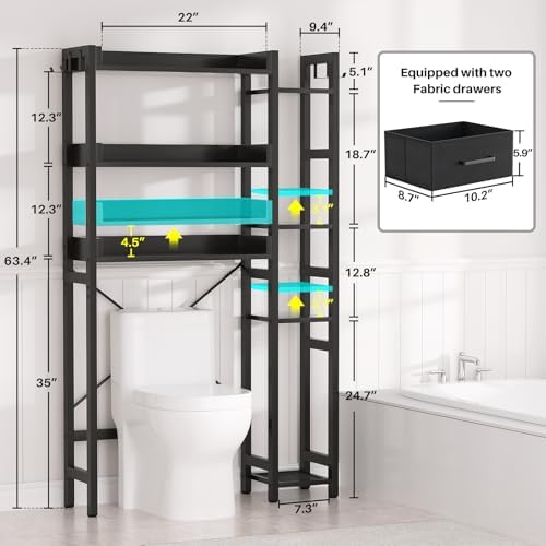 Besiost Over The Toilet Storage, 7 Tier Bathroom Organizer with Reversible Side Shelf and 2 Fabric Drawers, Adjustable Freestanding Rack Space Saver for Small Spaces, Black