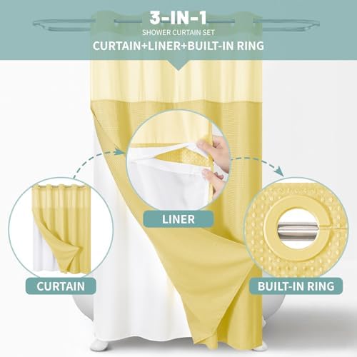 eachope No Hook Waffle Shower Curtain with Snap-in Liner, 71x74 Inch,Yellow