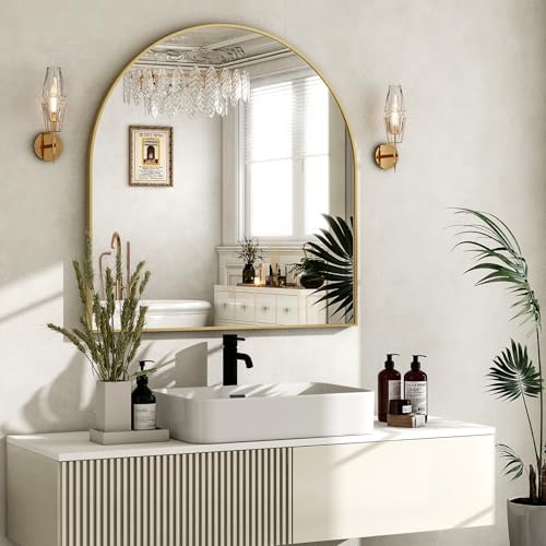 HARRITPURE 26"x28" Arched Bathroom Mirror Wall Mounted Gold Arch Mirror