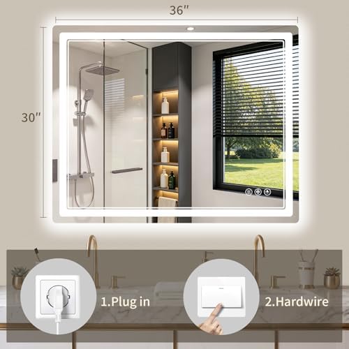 30"x36" LED Bathroom Mirror with Lights, Backlit + Front Lit, Anti-Fog, Lighted Bathroom Mirror for Wall, HD Shatterproof Tempered Glass, Dimmable, Memory Function (Horizontal/Vertical)