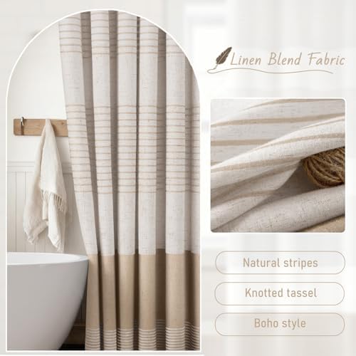 Beige Boho Linen Striped Shower Curtain with Tassel 72" W X 72" L