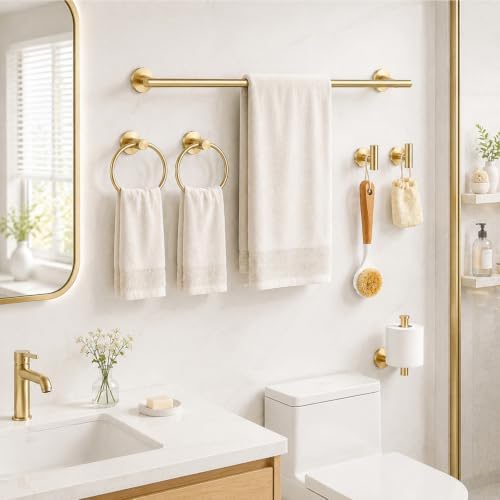 Brushed Gold Bathroom Accessories Set, 10 Pieces Gold Towel Bar Bathroom Hardware Set, 24 Inch Towel Racks for Bathroom, SUS304 Stainless Steel Bathroom Towel Holder Toilet Paper Holder Wall Mounted