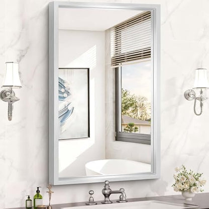 24 x 40 inch Brushed Silver Bathroom Mirror, Metal Framed Rectangle Mirror, 0.6" Thickened Deep Frame Mirrors for Living Room Bedroom Entryway, Tempered Glass, Antirust, Horizontal or Vertical