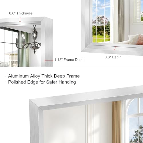 24 x 24 Silver Bathroom Mirror, Brushed Silver Square Mirror for Wall, 0.6" Thickened Deep Frame Mirrors for Bathroom Sink, Shatterproof Tempered Glass, Antirust, Horizontally or Vertically