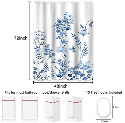 AWERT Small Half Size Stall Shower Curtain with Hooks Shower Stall Curtain 48 x 72 Light Blue Floral 48 inch for Bathroom/RV and Camper