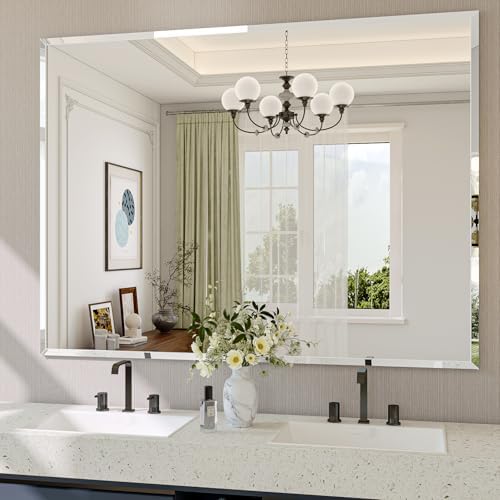 Frameless Bathroom Mirror, 48" x 36" Beveled Wall Mirror