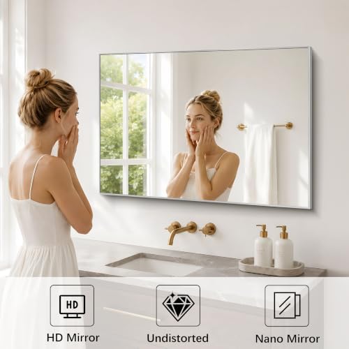 DESBING 30" x 40" Bathroom Mirror, Silver Metal Frame Wall Mirror