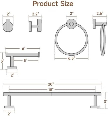 USHOWER 8PCS Matte Black Bathroom Hardware Set, 18-Inch Towel Bar Set