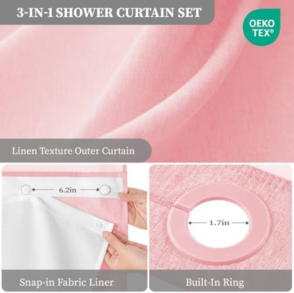 BTTN Pink Ringless Linen Textured Shower Curtain with Snap in Liner, 72x75