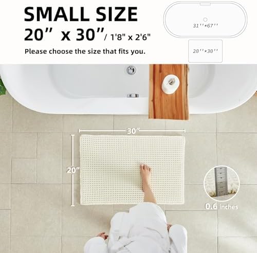TYUU Cream White Waffle Bath Mat, Boho Bathroom Rugs Non Slip, 30x20