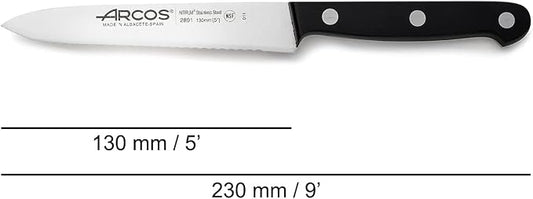 Arcos Paring Knife 5 Inch Stainless Steel. Serrated Tomato Knife for Cutting and Chopping. Ergonomic Polyoxymethylene Handle and 130mm Blade. Series Universal. Color Black