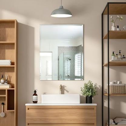 36 x 24 Inch Frameless Wall Mirror Tempered Glass Rectangle Vanity Mirror Polished Edge Dual Hanging Silver Home Decor
