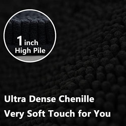 Black Bathroom Rug Chenille 3-Piece Extra Soft and Absorbent Shag Bathroom Rugs, Machine Wash Mat, Strong PVC Non-Slip Underside, Plush Carpet Mats (Black)