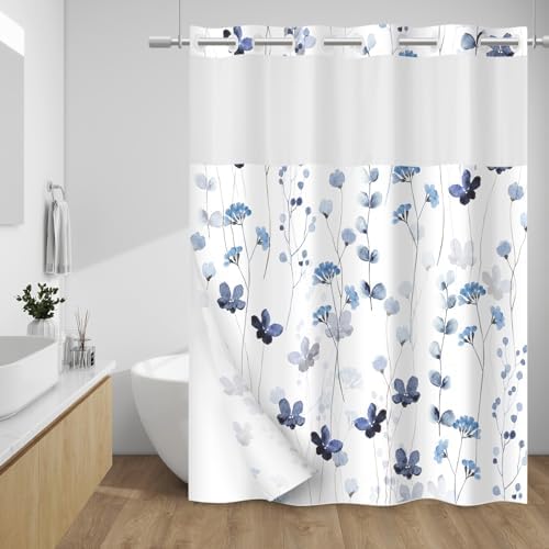 WITHLOC No Hook Floral Shower Curtain with Liner, Blue White, 71x74