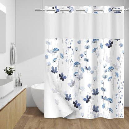 WITHLOC No Hook Floral Shower Curtain with Liner, Blue White, 71x74