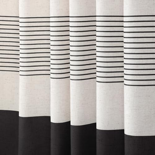 Black Boho Linen Striped Shower Curtain with Tassel 72" W X 72" L