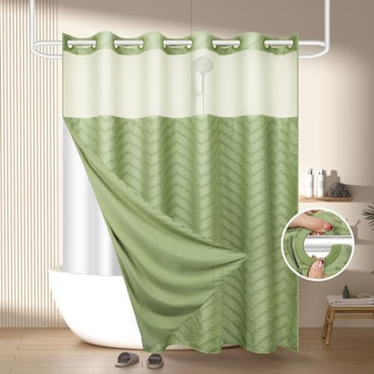FADOTY Green No Hook Shower Curtain Set with Snap in Liner, 71'' x 86''