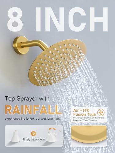 Woindo Shower Faucet Set 10" Rain Shower Head/8'' Side Shower Head and 3 Setting Handheld Ceiling Mount 3 Push Button Diverter Complete Rainfall Round Shower System Included Valve Trim Kit