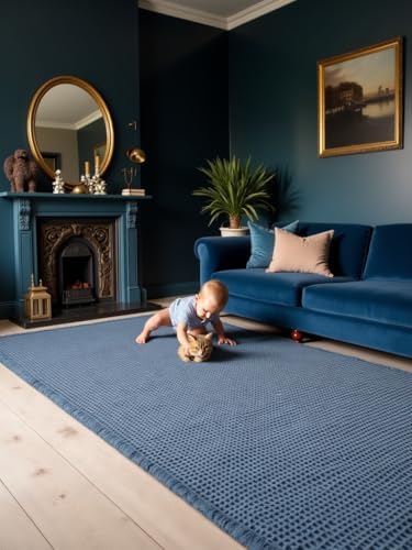 IM HOME Waffle Bath Mat Blue 32"x20", Boho Woven Modern Bath Mat Rugs, Absorbent Non Slip Bathroom Rugs, Soft Washable Bath Rugs with Tassels for Bedroom, Kitchen, Shower, Tub