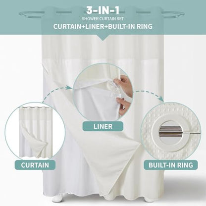 eachope No Hook Waffle Shower Curtain with Snap-in Liner, 60x74 Inch, Cream