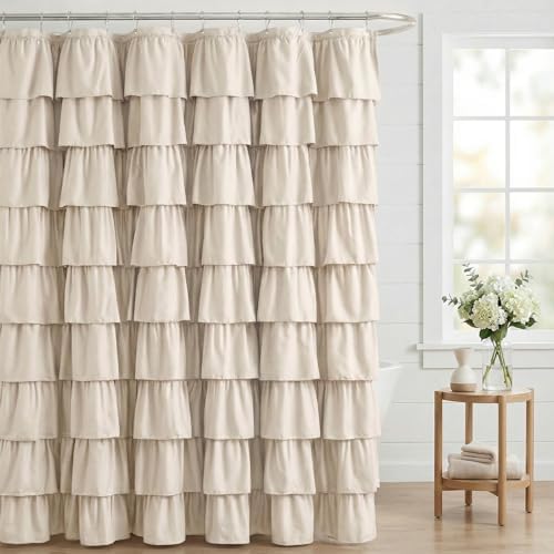 Seasonwood Small Beige Ruffle Shower Curtain Natural Farmhouse, 72"x72"