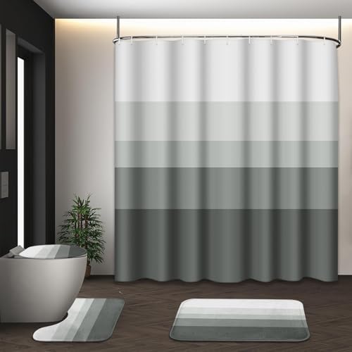 Bathroom Sets with Shower Curtain and Rugs, 4 Pcs Ombre Striped