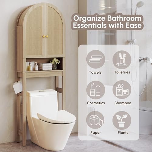 HMstone Over The Toilet Storage Cabinet, Arched Bathroom Organizer and Storage with Rattan Doors and Adjustable Shelf, Space-Saving Freestanding Bathroom Modern Storage Cabinet Over Toilet (Natural)