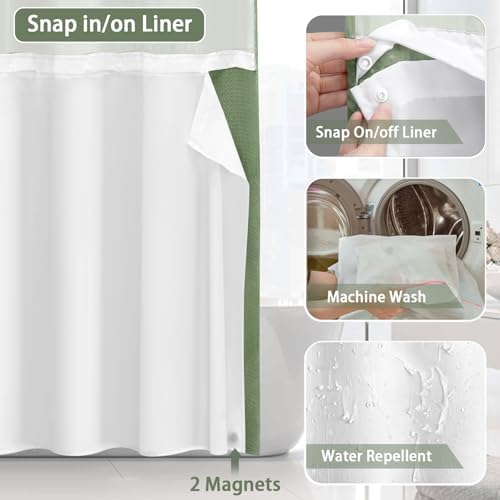 No Hook Shower Curtain with Liner Set Hotel Waffle Curtain Green 72W X 75L