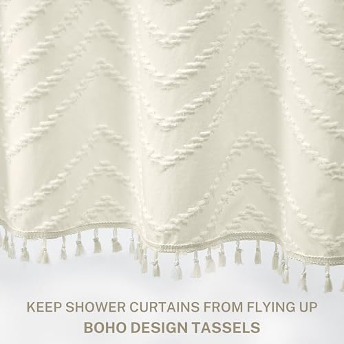 Siiluminisoy Boho Farmhouse Shower Curtain, 72 x 72 Tufted Chevron Textured Striped Modern Farmhouse Minimalist Cream Shower Curtain for Bathroom