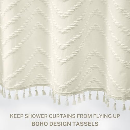 Siiluminisoy Farmhouse Boho Shower Curtain, Woven Fabric Cream Long, 72 x 78, Tufted Chevron Striped Modern Chic Textured Minimalist Bathroom Curtain