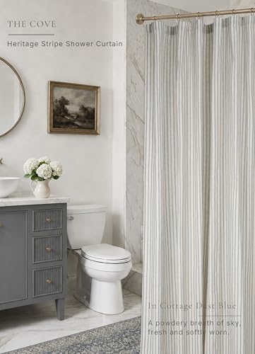 Farmhouse Striped Shower Curtain - 72x72 Inches, Linen Blend Fabric, Breathable & Machine Washable, Rustic Heirloom Blue for Bathroom Decor (Hooks/Liner Not Included)