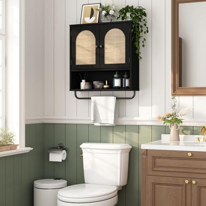 RUSTOWN Rattan Bathroom Wall Cabinet, Boho Medicine Cabinet with 2 Doors