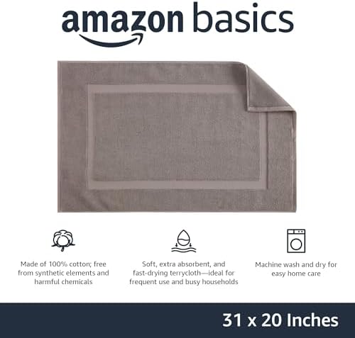 Amazon Basics Banded Bathroom Bath Rug Mat, Machine Washable, 100% Cotton, 31" x 20", Light Gray (Pack of 2)