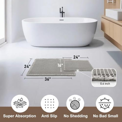 JIUZHEN Set of 2 Waffle Bathroom Rugs Boho Bath Mats 16"x24"+24"x36", Grey