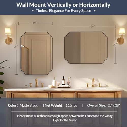 MIRRORART 20x28’’ Scalloped Bathroom Mirrors, Black Metal Framed Decorative Wall Mirror, Elegant Rectangle Vanity Mirror for Bathroom, Bedroom & Entryway, Modern Farmhouse Home Remodel