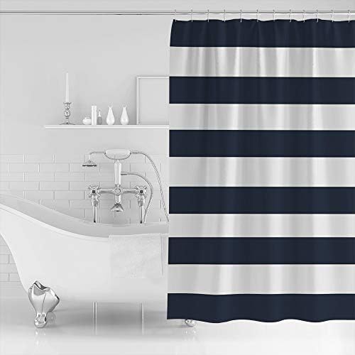 Shower Curtain Bathroom Set Navy Blue and White Stripe Waterproof Shower Curtains with Grommets Hooks Classic Texture Privacy Bath Curtain for Bathtub Decor 36x72in