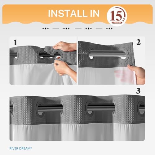 River Dream Heavyweight Waffle No Hook Shower Curtain with Liner,Gray,71x86