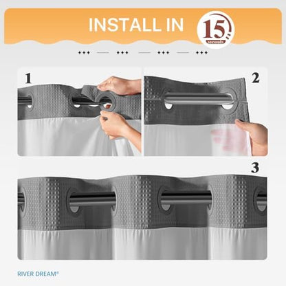 River Dream Heavyweight Waffle No Hook Shower Curtain with Liner,Gray,71x86