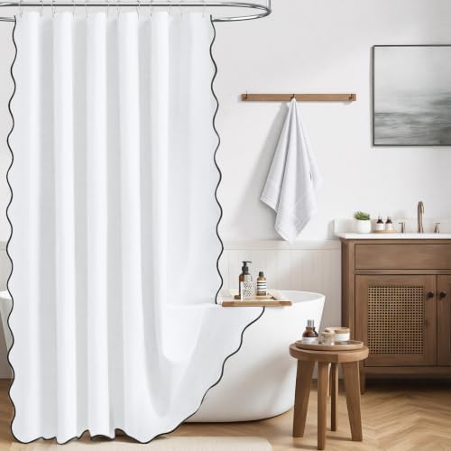 BTTN 72x80 Boho Scalloped Linen Textured Cloth Shower Curtain Set, White