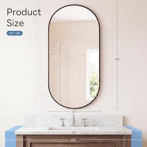 Sweetcrispy 24" x 48" Black Bathroom Mirror for Wall, Oval Walls Mirror