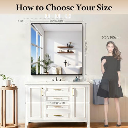 COFENY Black Bathroom Mirror for Wall, 39x39 Inch Square Mirror with Metal Frame, Black Modern Vanity Mirrors for Bathroom Sink, Living Room, Entryway Hangs Horizontal or Vertical