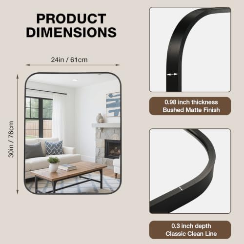 24"x30" Matte Black Rectangle Vanity Bathroom Mirror, Set of 2