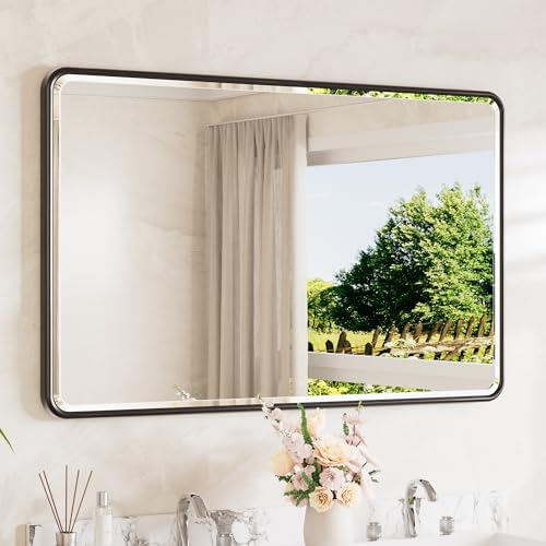 TETOTE Black Mirrors for Wall 48 x 30 Beveled Edge Tempered Glass, Rounded Corner Rectangle Framed Mirror for Modern Bathroom, Living Room, Bedroom, Entryway