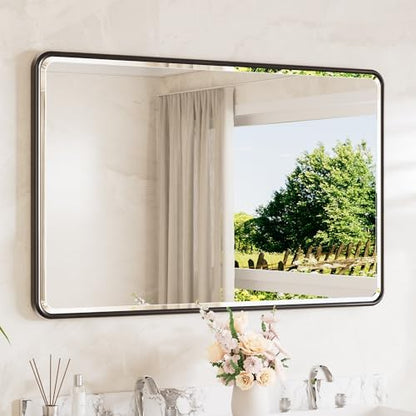TETOTE Black Mirrors for Wall 48 x 30 Beveled Edge Tempered Glass, Rounded Corner Rectangle Framed Mirror for Modern Bathroom, Living Room, Bedroom, Entryway