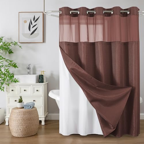 Colorful Star Waffle Weave No Hook Shower Curtain Set, 72 x 75 Inch, Brown
