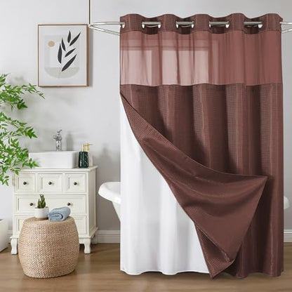 Colorful Star Waffle Weave No Hook Shower Curtain Set, 72 x 75 Inch, Brown