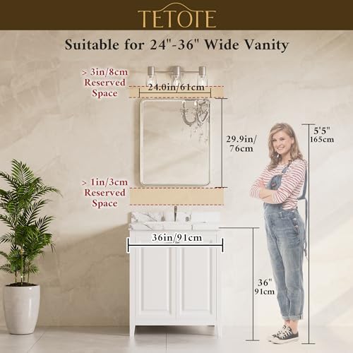 TETOTE Brushed Nickel Bathroom Mirror 24 x 30 Beveled Edge Tempered Glass, Rounded Corner Rectangle Bathroom Mirror for Over Sink for Modern Bathroom, Living Room, Bedroom, Entryway