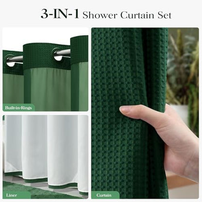 Dynamene Dark Green Hook Free Waffle Shower Curtain & Snap-in Liner,72x75