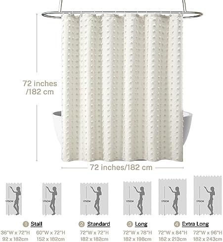 Boho Farmhouse Ivory Shower Curtain Woven Fabric Cream Shower Curtain, 72 x 72 Tufted Pleat Floral Puffs Textured Modern Farmhouse Minimalist Ivory Shower Curtain Set with Hooks for Bathroom