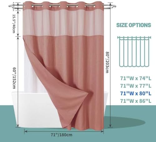 eachope No Hook Waffle Shower Curtain with Snap-in Liner, 71x80 Inch, Coral